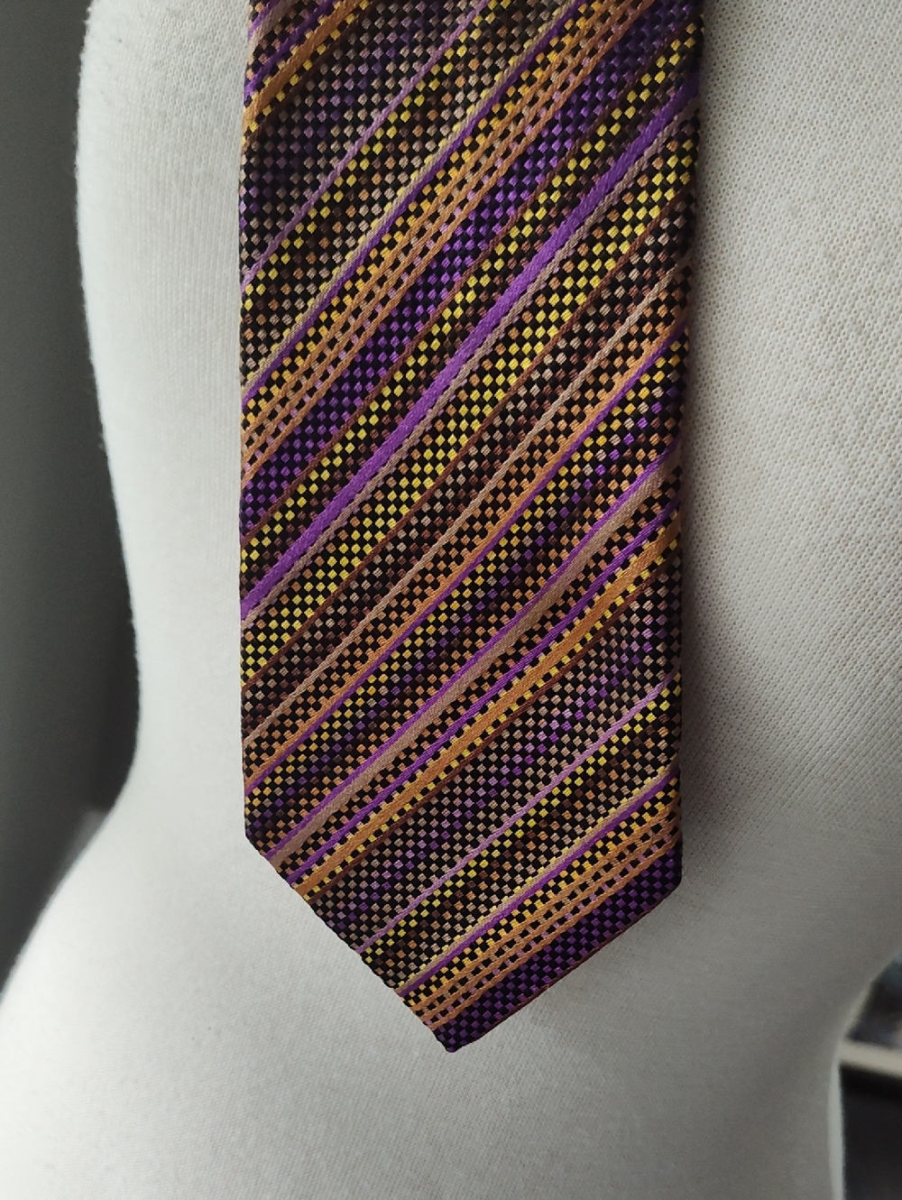 Etro Milano Beautiful Silk Striped Diagonal Tie in Purple, Gold and Brown